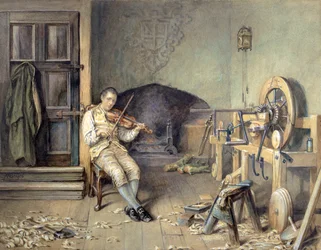 Samuel Crompton (1753-1827) inventando su mula de hilar, 1895